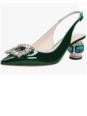 FSJ Green Crystal Square Buckle Pointed Toe Slingback Pumps Rhinestone Heel Shoe